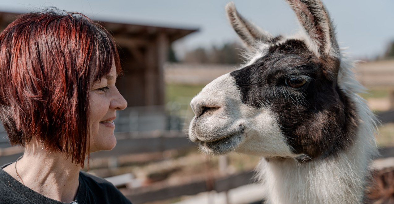 Sabine Zallinger mit Lama, © Tourismusverband Inn-Salzach Sabine Zallinger mit Lama, © Tourismusverband Inn-Salzach