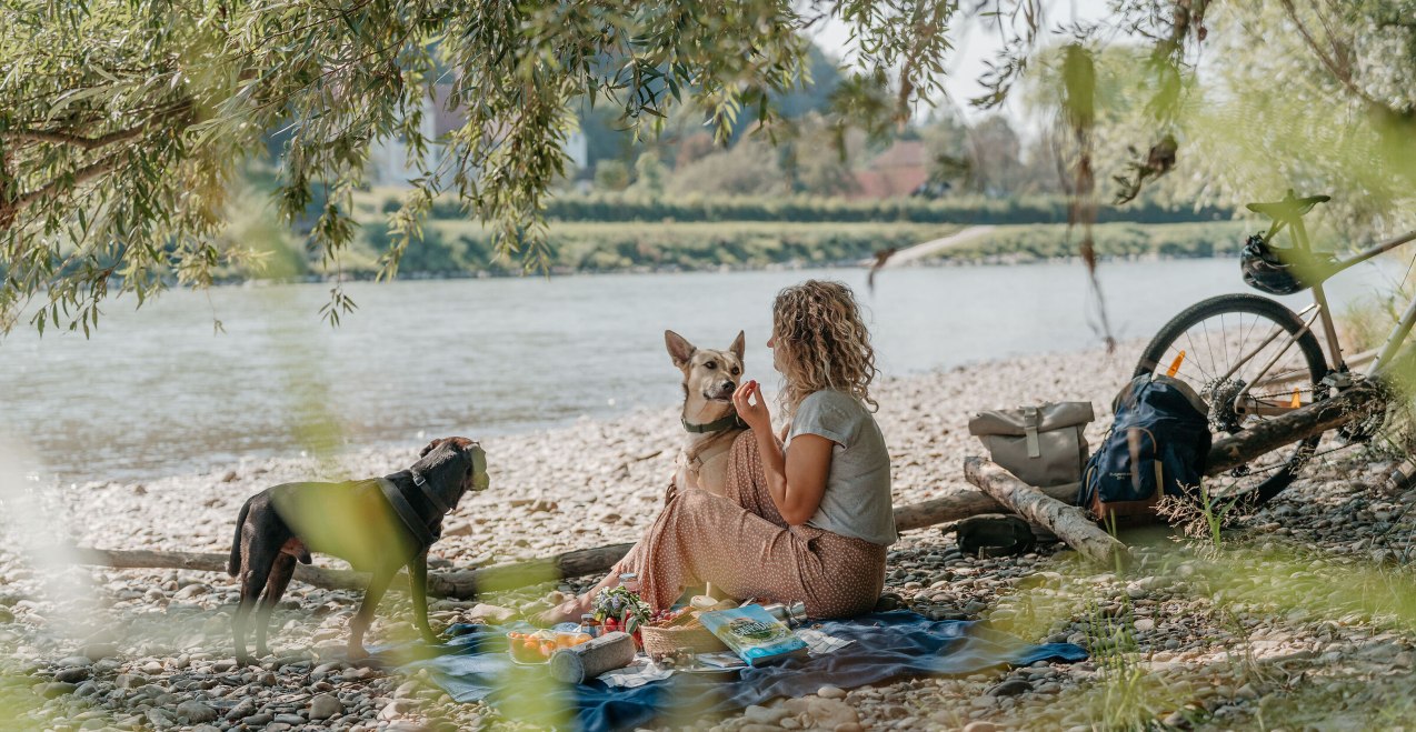 Salzachstrand mit Rad und Hunden, © Inn-Salzach Tourismus Salzachstrand mit Rad und Hunden, © Inn-Salzach Tourismus