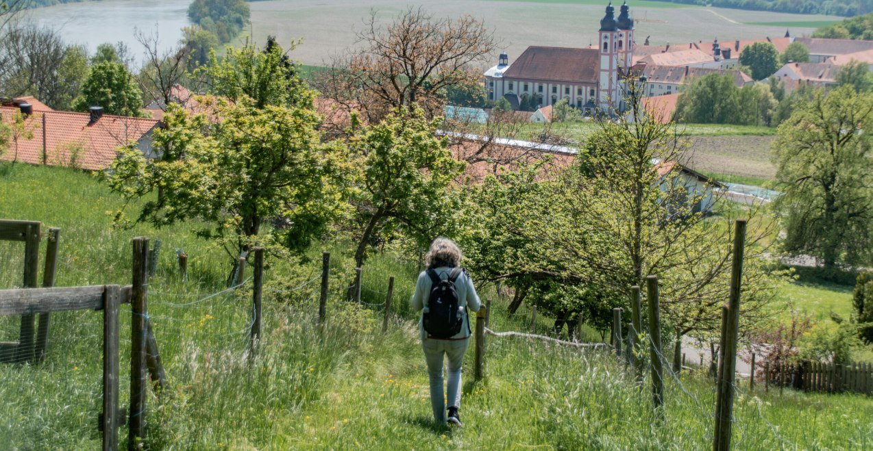 Wanderung mit Blick auf Kloster Au a. Inn, © Inn-Salzach Tourismus
